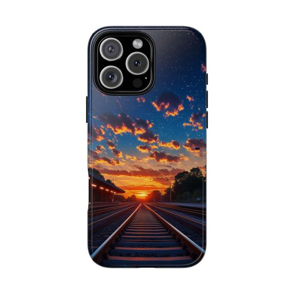 Railway Train Tracks Sunset Horizon Sky Painting Phone Case for 11 12 13 14 15 16 17 Pro Max
