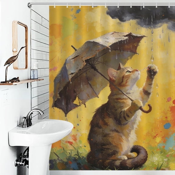 Rain And Cat Print Shower Curtain Animal Themes Bathroom Decor Shower Curtain 66inx72in(with 12 Hooks)