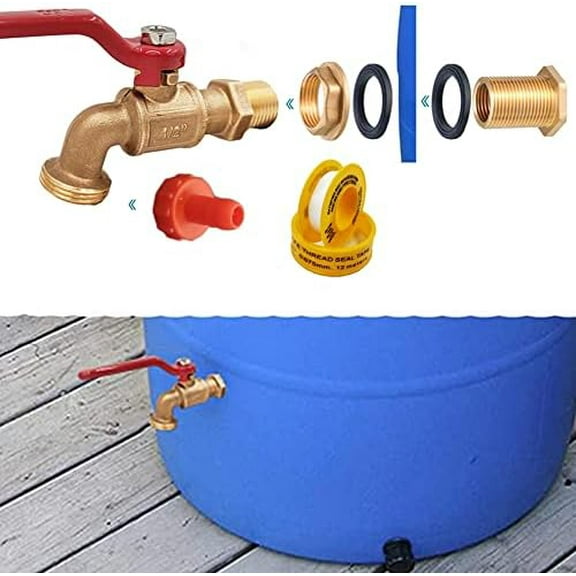 Rain Barrel Spigot, Brass Faucet Kit for Rain Water Barrel, Water Tanks, Tubs, Pools Etc, Turn Ball Valve Rain Barrel Spigot with Bulkhead Fitting Set