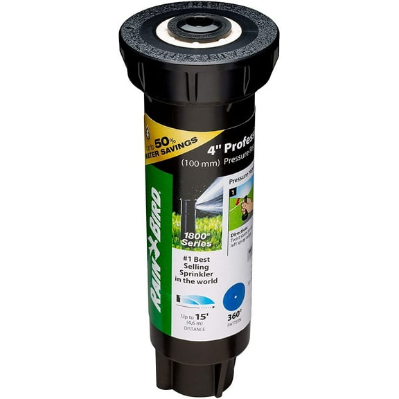 Rain Bird Pop-Up Sprinkler 1804FDSP25 - Pressure Regulating, Adjustable Flow - 4 in, Black