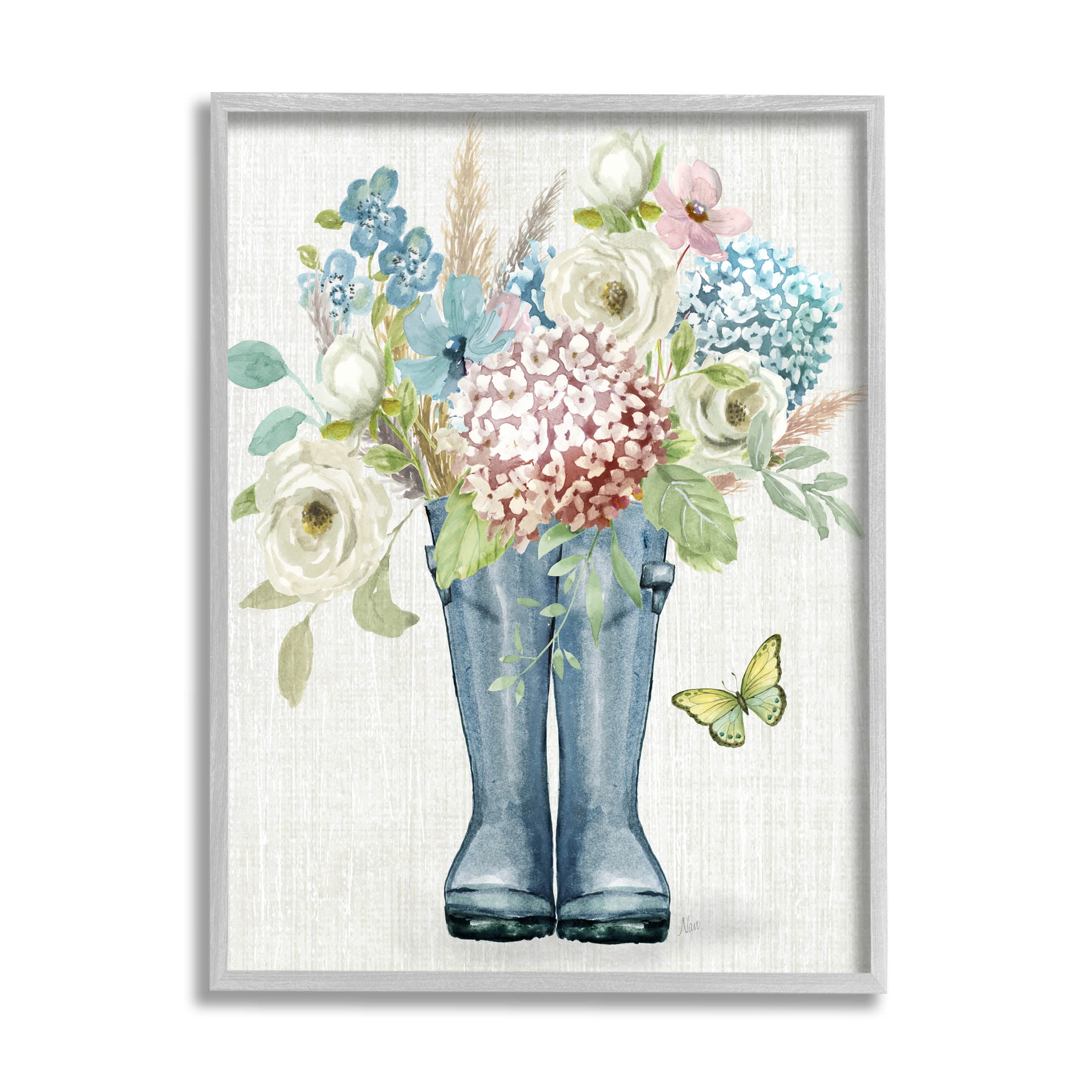 Rain Boots Flower Bouquet Botanical & Floral Graphic Art Gray Framed Art Print Wall Art