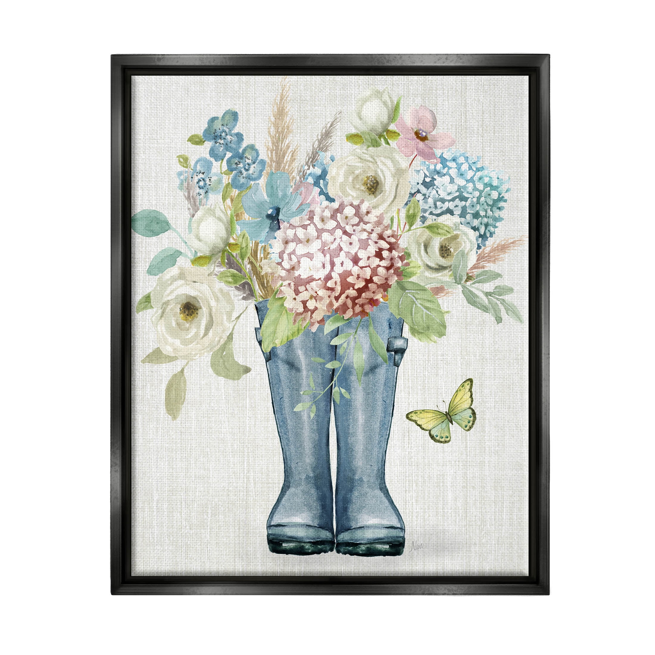 Rain Boots Flower Bouquet Botanical & Floral Graphic Art Jet Black Framed Art Print Wall Art