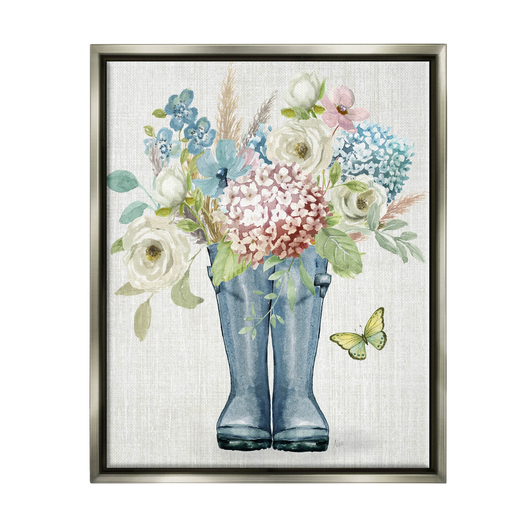 Rain Boots Flower Bouquet Botanical & Floral Graphic Art Luster Gray Framed Art Print Wall Art
