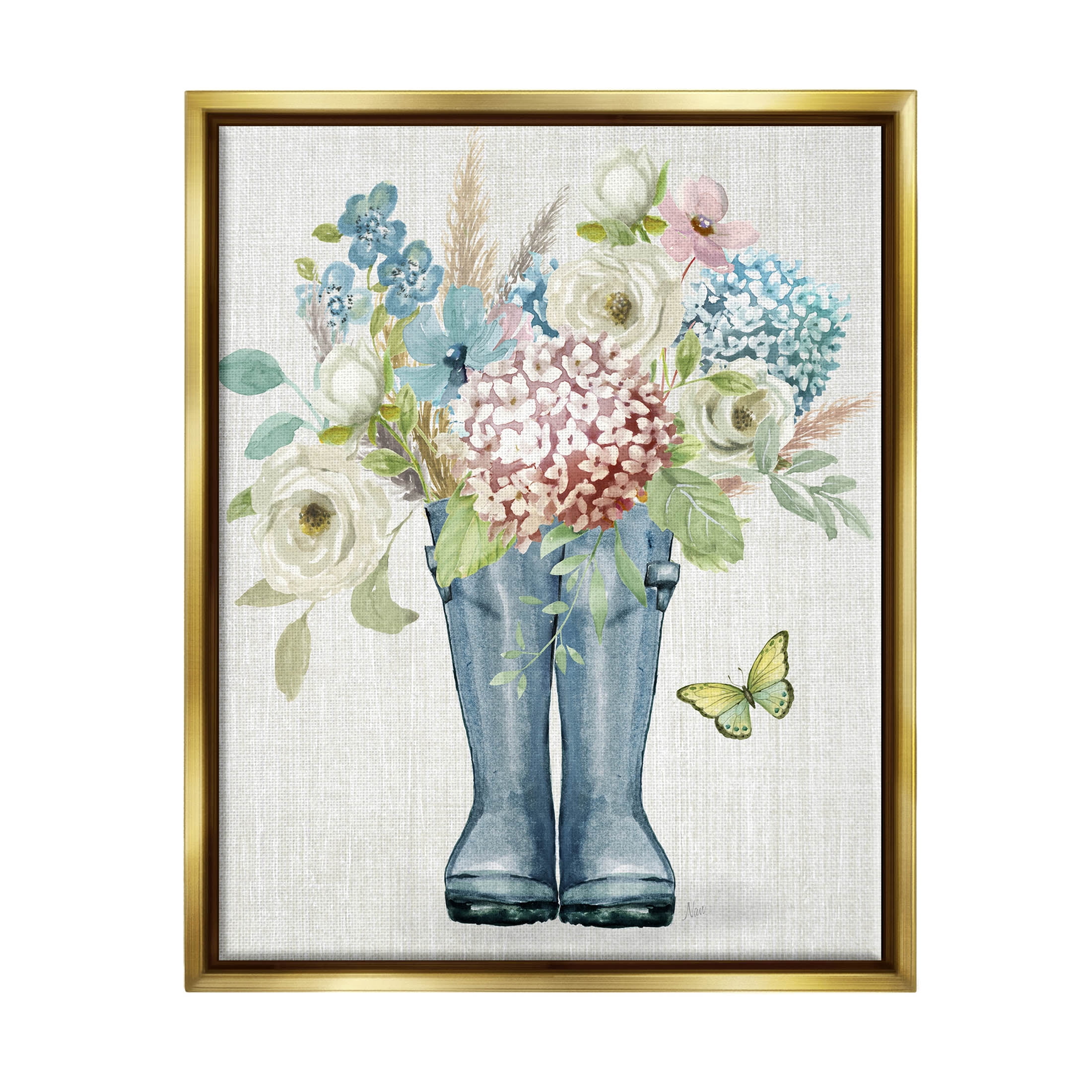 Rain Boots Flower Bouquet Botanical & Floral Graphic Art Metallic Gold Framed Art Print Wall Art