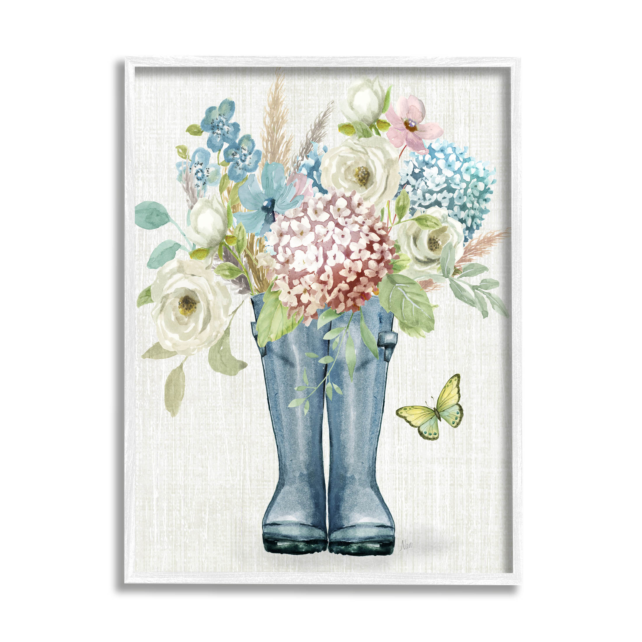 Rain Boots Flower Bouquet Botanical & Floral Graphic Art White Framed Art Print Wall Art