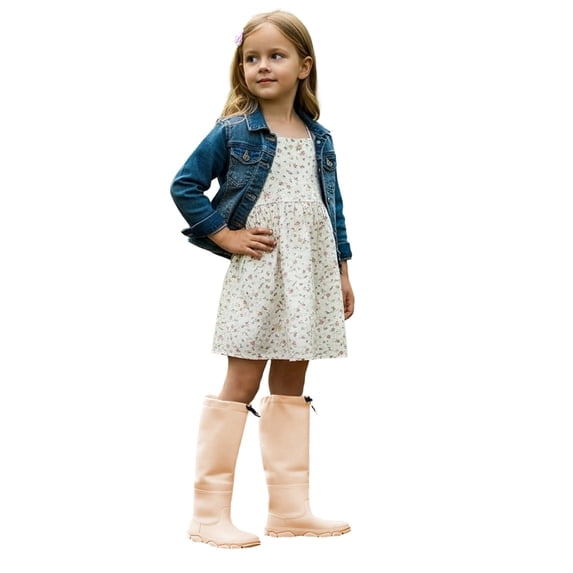 Rain Boots Kids Waterproof Non Knee High Adjustable Drawstring Lightweight Rain Boots for Toddler Little Big Girls Outdoor Rainy Day Khaki 8.5M
