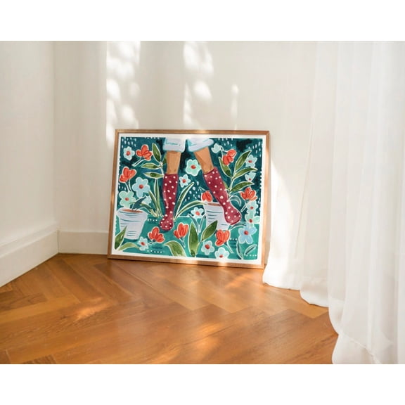 Rain Boots Wall Art: Red Polka Dots and Floral Design - Print Poster Art Print Home Decor, Unframed Poster Size 8x12 F03.1.20l333