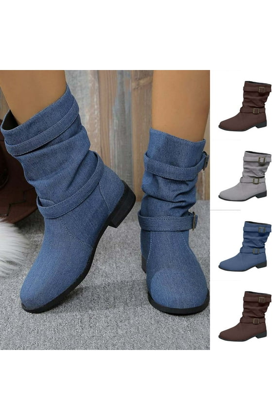 Rain Boots Women TKYCMSUAKI Boots for Women Casual Slouchy Denim Western Cowgirl Boots Low Heel Mid Calf Boots Ankle Booties