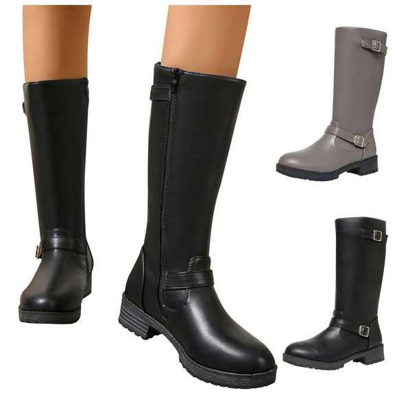 Rain Boots Women TKYCMSUAKI Knee High Boots Women Round Toe Low Chunky Block Heel Long Boots Fall Pull on Wide Calf Riding Tall Booties