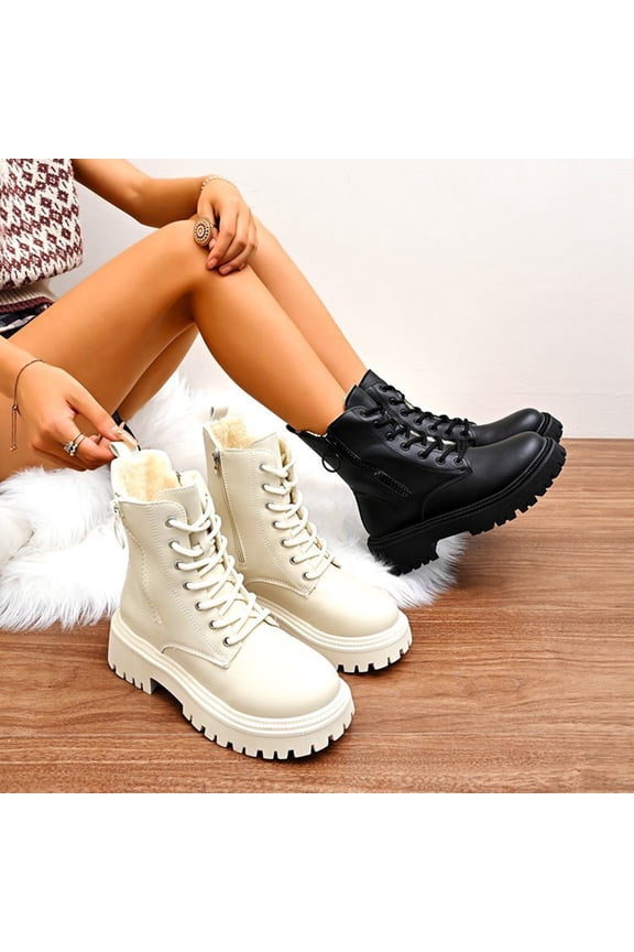 Rain Boots Women TKYCMSUAKI Lace-up Combat Boots Ankle Booties for Women Winter Fleece-Line Ankle Boots Lug Sole Chunky Wedge Booties