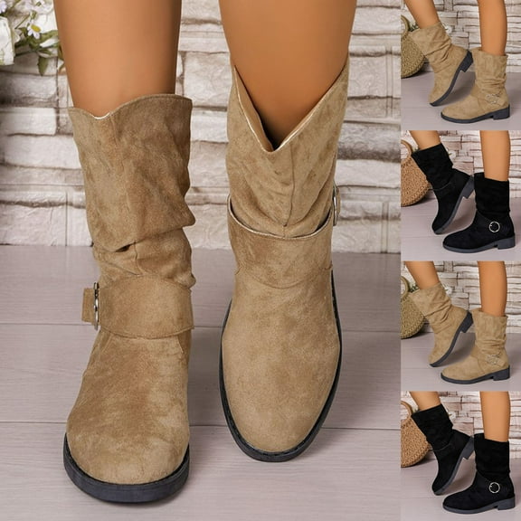 Rain Boots Women TKYCMSUAKI Women's Western Suede Mid Calf Boots Classic Pointed Toe Chunky Low Heels Cowgirl Boots
