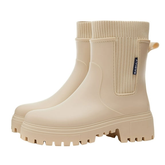 Rain Boots Women,Womens Rainy Season Tube Solid Color Fashion Rain Shoes Thick Rainproof Non- Boots,Womens Rain Boots,Beige,6