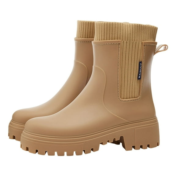 Rain Boots Women,Womens Rainy Season Tube Solid Color Fashion Rain Shoes Thick Rainproof Non- Boots,Womens Rain Boots,Khaki,7.5