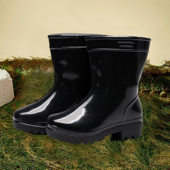 Rain Boots for Kids Gloss Mid Calf with Low Heel Shiny Easy Slip On School Outdoor Playing Footwear