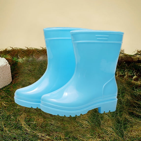 Rain Boots for Kids Gloss Mid Calf with Low Heel Shiny Easy Slip On School Outdoor Playing Footwear