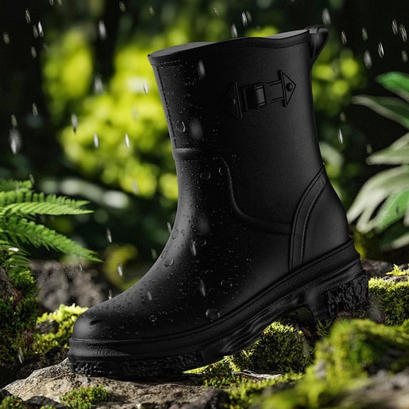 Rain Boots for Women Buckle Decor Mid Calf Waterproof Heavy Duty Work Rain Boots for Men