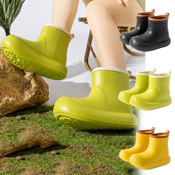 Rain Boots for Women Fashion Waterproof Round Toe Slip-on Ankle Rain Shoes All Seasons Solid Color Cute Outdoor Short Water Shoes
