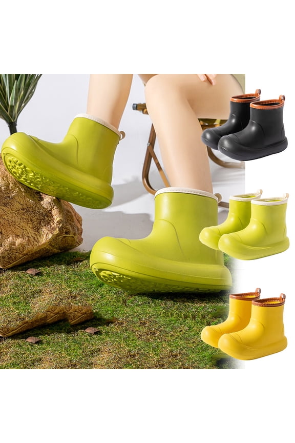 Rain Boots for Women Fashion Waterproof Round Toe Slip-on Ankle Rain Shoes All Seasons Solid Color Cute Outdoor Short Water Shoes