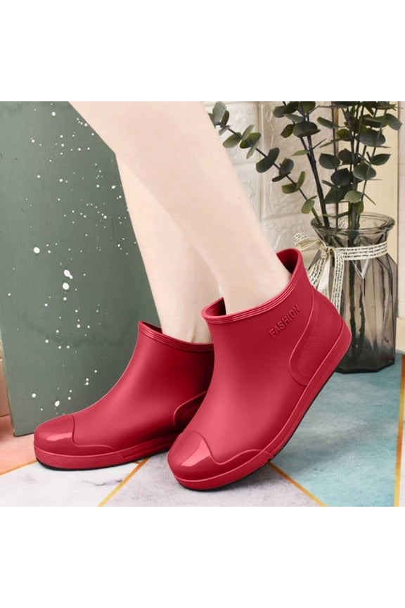 Rain Boots for Women Gloss Ankle Slip On Fashion Rain Boots Embossed Low Wedge Anti-Slip Office Chore Footwear