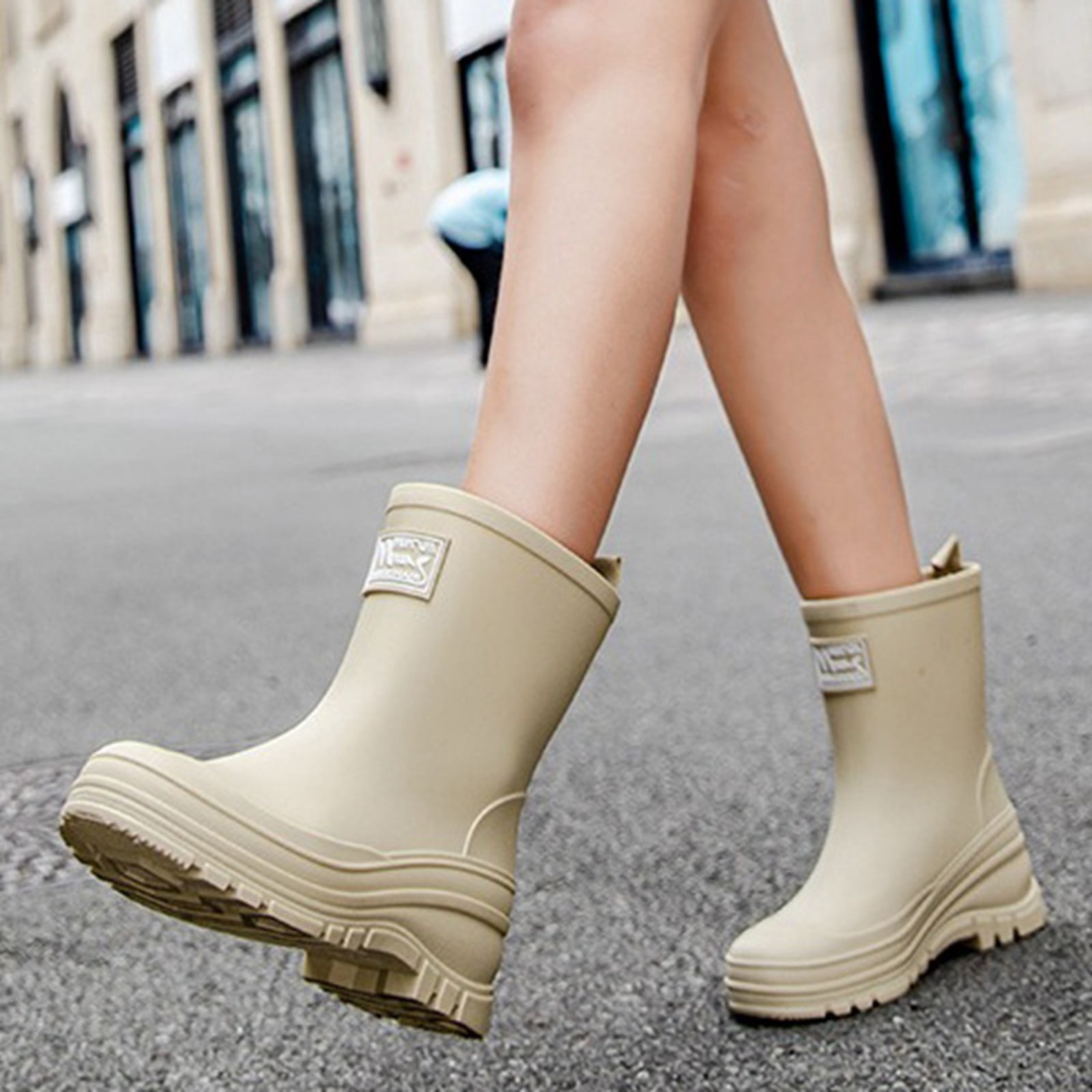 Rain Boots for Women Waterproof Mid Calf Rain Boots Wide Calf Garden Shoes Womens Rain Boots (Beige 6.5)