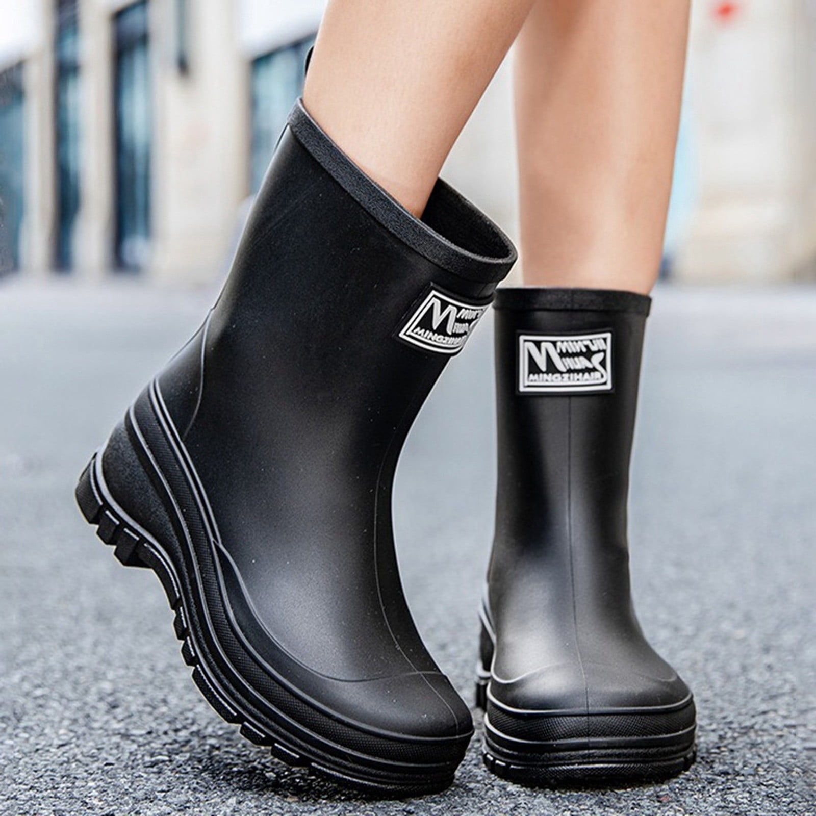 Rain Boots for Women Waterproof Mid Calf Rain Boots Wide Calf Garden Shoes Womens Rain Boots (Black 7)