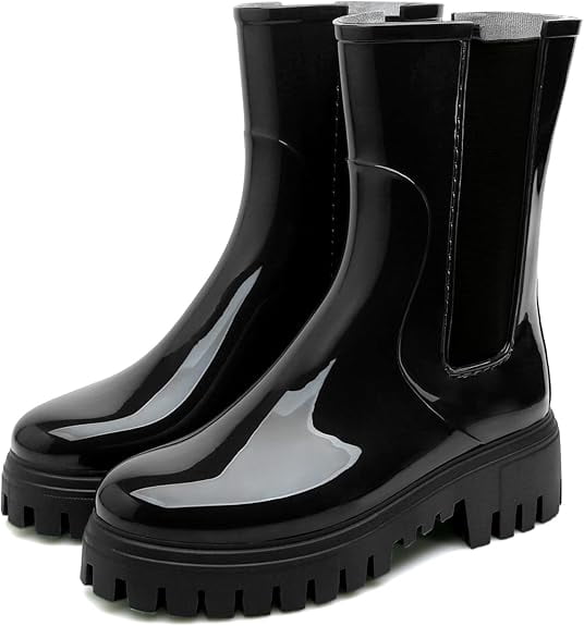 Lcamaw Rain Boots for Women, Waterproof PVC Rubber Garden Boots Womens Chelsea Boots Short Platfrom Rain Boots, Anti-Slip Elastic Slip On Rainboots Garden Rain Shoes for Yard Farm Outdoor Work
