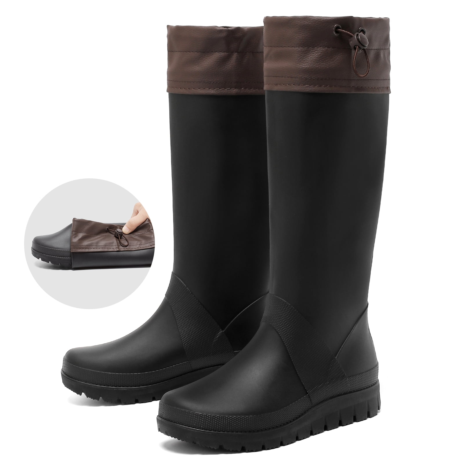 Lcamaw Women's Tall Rain Boots Mens Packable Waterproof Anti-Slip Knee High Rubber Boots Lightweight Adjustable Drawstring Wide calf Garden Fishing Shoes Outdoor Work