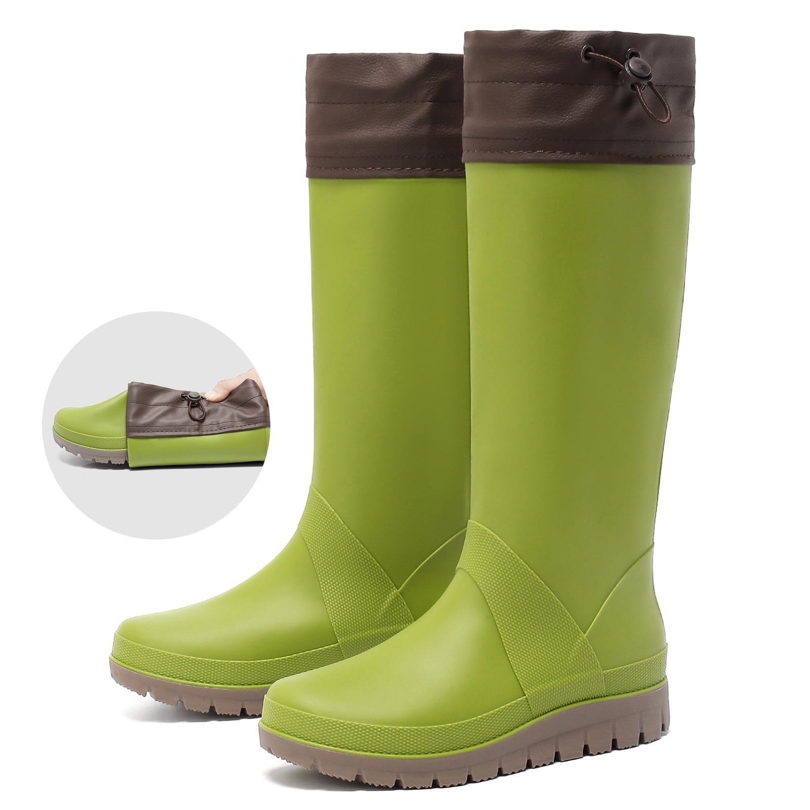 Lcamaw Women's Tall Rain Boots Mens Packable Waterproof Anti-Slip Knee High Rubber Boots Lightweight Adjustable Drawstring Wide calf Garden Fishing Shoes Outdoor Work