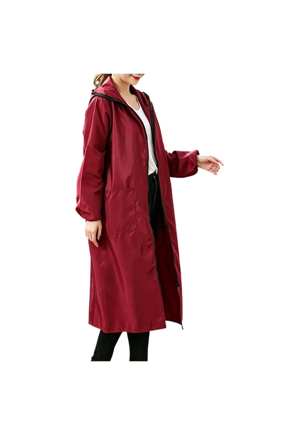 Rain Cape for Women Hooded Zip Front Long Sleeve Cover Up Outdoor Travel Commuter Poncho Jacket Solid Utility Cloak with Pockets and Easy Closure