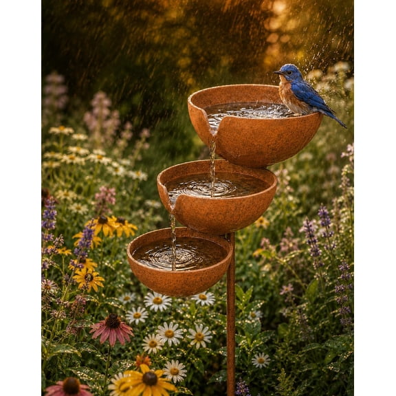 Rain Catcher Bird Bath & Multi-Tiered Water Feature, Rustic Metal Garden Stake, Safe Shallow Bee-Friendly Hydration Bowls, Weather-Resistant Outdoor Bird Bath for Yards, Lawns, Gardens,Copper