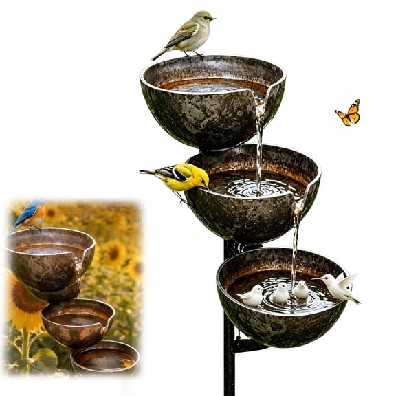 Rain Catcher Bird Bath Tiered 3-Layer Metal Stacked Bowls, Rustic Rain Gauge Yard Stake, Bee & Hummingbird Water Station(1PC)