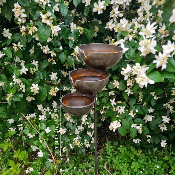 Rain Catcher Garden Stake, 3-Tier Metal Bird Bath & Pollinator Feeder for Bees Butterflies Birds, Outdoor Lawn Patio Decor, Rustic Cottage Core Yard Art