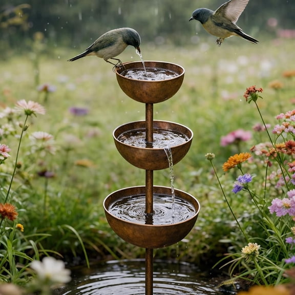 Rain Catcher Garden Stake, 3-Tiered Metal Plant Support with Water Bowls, Bird Bath & Bee Watering Station for Outdoor Patio Yard Decor (1 Pack )