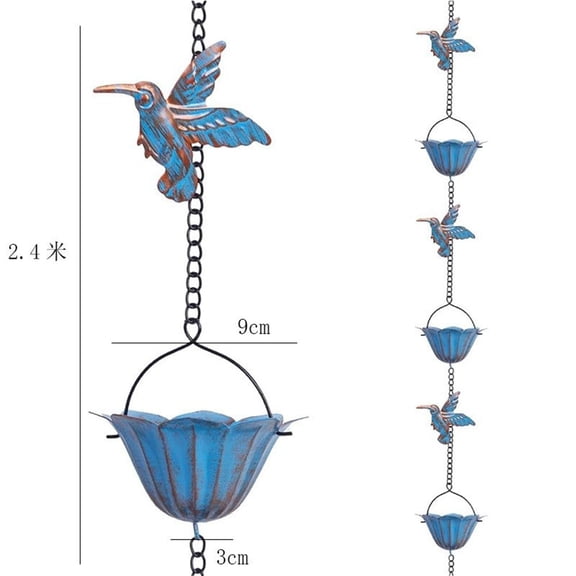 Rain Chain 7.87FT, Hummingbird and Cup Rain Chains for Gutters, Functional Replacement for Downspout, Metal Rainwater Catcher Chain, Outdoor Garden Decor, Antique Blue