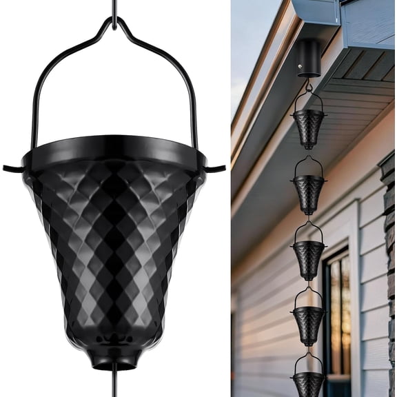 Rain Chain Black Gutter Downspout Catcher Outside Water Diverter Decorative Garden Rain Cups Chime Home Decor - 8 1/2 Feet Long