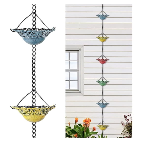 Rain Chain Gutter Downspout, 8.5ft Decorative Rain Catcher - Colorful Metal Chain with Cups & Acrylic Pendant, Outdoor Water Diverter for Garden & Home Dcor