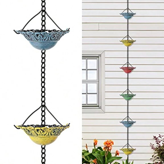Rain Chain Gutter Downspout Colorful Catcher Outside Water Diverter Decorative Garden Rain Cups Chime Home Decor 8 1/2 Ft Length