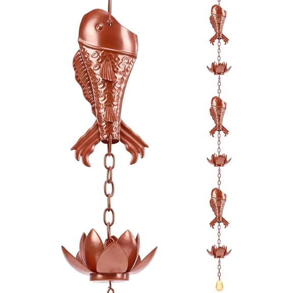 Rain Chain for Gutters Outside, 8.8FT Copper Plated Fish Lotus Design | 12 Koi Cups, w/ Adapter, Heavy Duty, Rustproof, Hand-Crafted Eco, Decorative Gutter Downspout Replacement