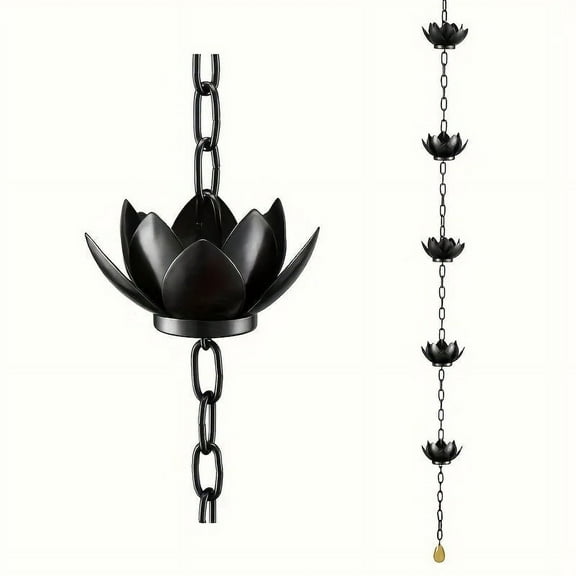 Rain Chain, Lotus Rain Catcher Chain for Gutters Outside with Adapter, Rain Chain Cups to Replace Gutter Downspout, Divert Water and Home Display, Black Rain Chain for Gutters Downspouts Outside