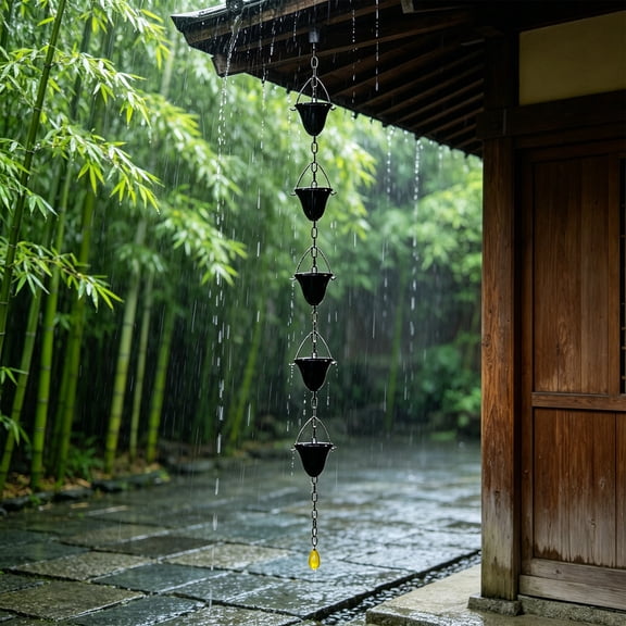 Rain Chain, Xinsrenus Durable Iron Rain Chain Gutter Downspout Catcher, 47.8 Inch Decorative Garden Rain Cups Chime Home Dragonfly Frog Butterfly Decor, Black