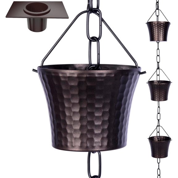 Rain Chains for Gutters with Adapter,Wrought Iron Rain Chain Set 8.5 Ft Not Rust, Gotta Drain with Sturdy Anchoring Stake, 14 Cups, 1 Hook, Adjustable Gutter Downspout for Outdoor Decorative
