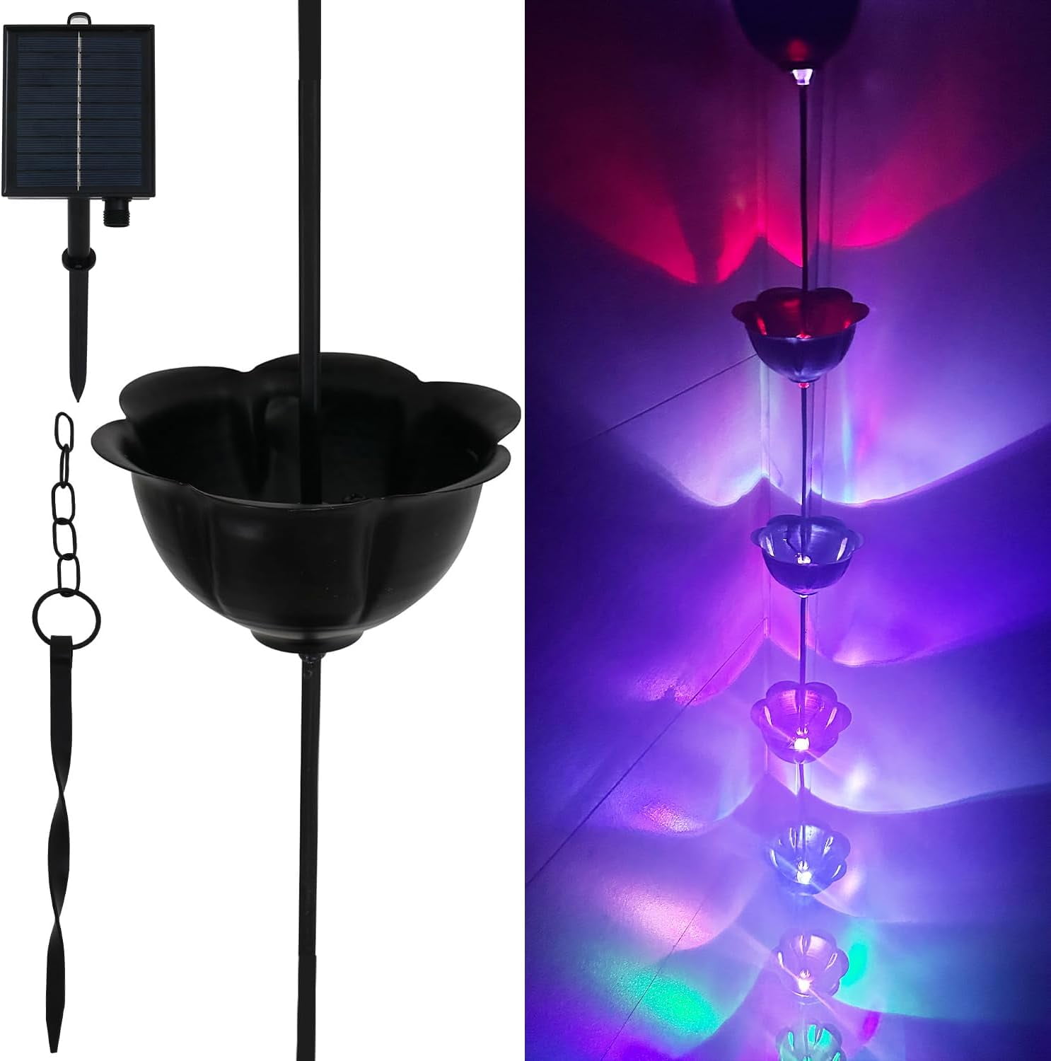 Rain Chains for Gutters with Color Changing Solar Lights and Ground