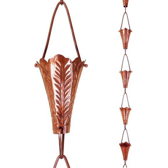 Rain Chains by JASINC 8.5 ft Leaf Rain Chain Copper, Water Diverter, JAS8002C