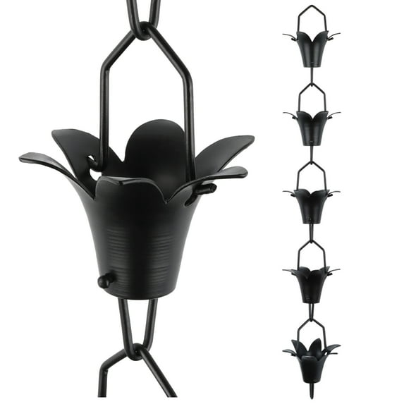 Rain Chains by JASINC 8.5 ft Lily Rain Chain Black, Water Diverter, JAS4001BLK