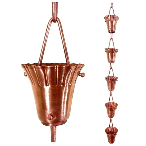 Rain Chains by JASINC 8.5 ft Ruffle Rain Chain Copper, Water Diverter, JAS3001C