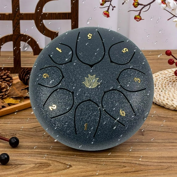 Rain Chime Drum - 8 Note 6 Inch Rain Drum for Outside Garden, with Bag, Music Book, Drumsticks, Mallet Holder and Finger Paddles, Waterproof Musical Rain Drum for Garden (Navy Blue)