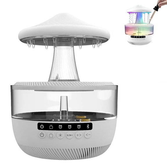 Rain Cloud Humidifier, 4 in 1 Humidifier/Oil Diffusers/Speaker/Night Light, Rain Water Drip Diffuser Humidifiers for Bedroom, Simulate Falling Raindrops, for Sleeping, Relaxing, Mushroom