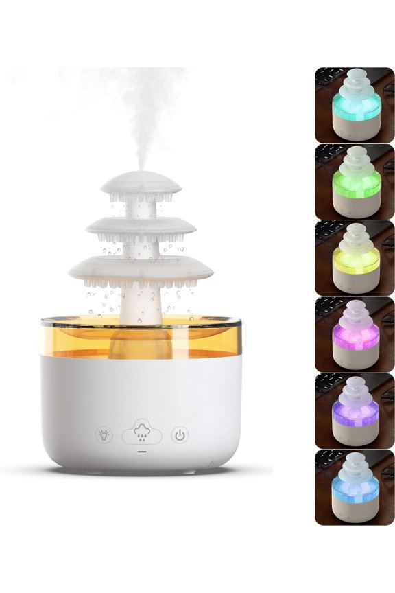 Rain Cloud Humidifier for Bedroom with 7-Color Night Light, Simulates Falling Raindrops, Small Aroma Diffuser for Sleeping and Relaxing (Fountain-White)