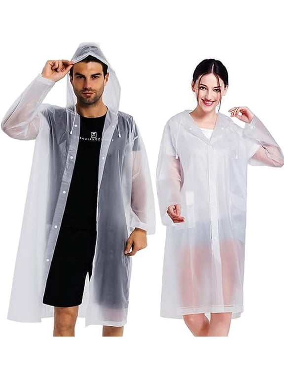 Rain Coats (2 Pack) - Reusable EVA Transparent Raincoats for Adults, Lightweight Waterproof Rain Jackets with Hood for Men Women, Perfect for Outdoor Activities (White)