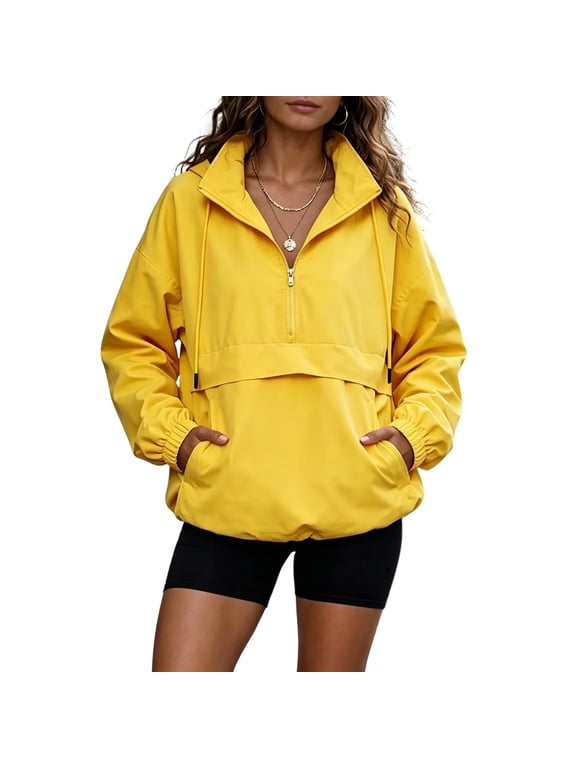 Rain Coats for Women Long Sleeve Quarter Zip Windbreaker Work Coats Pullover Oversized Cozy Winter Travel Outerwear with Pockets Yellow 3XL